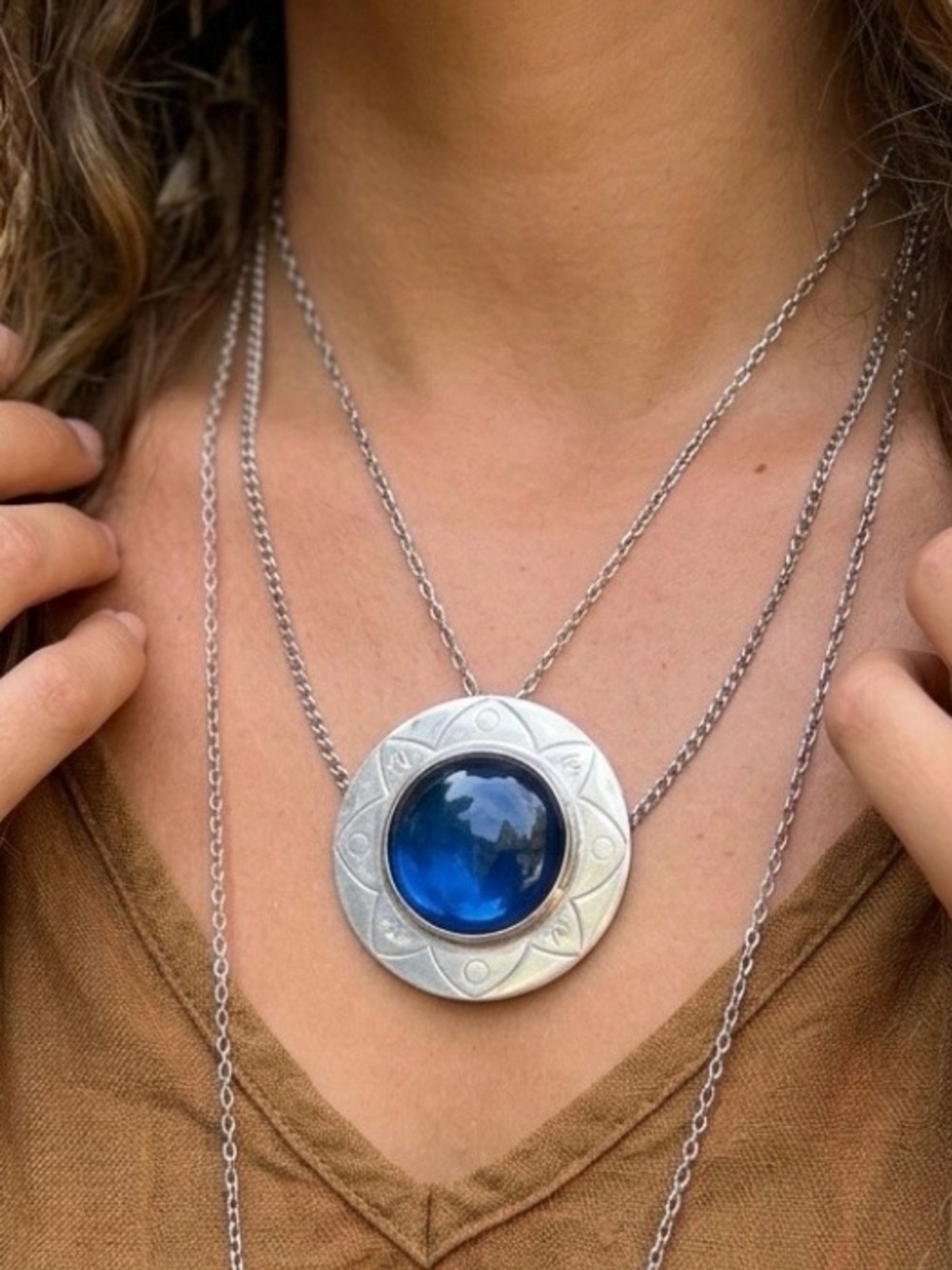 Vintage Mexican 925 Sterling Silver Blue Glass Pendant Signed ARR